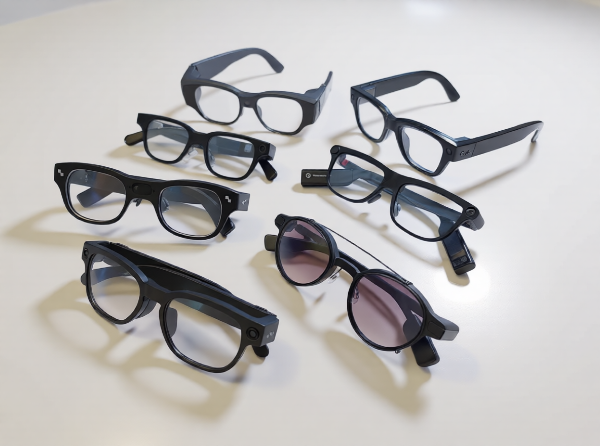 Smart glasses collection — seven AR and AI eyewear devices on a white studio surface